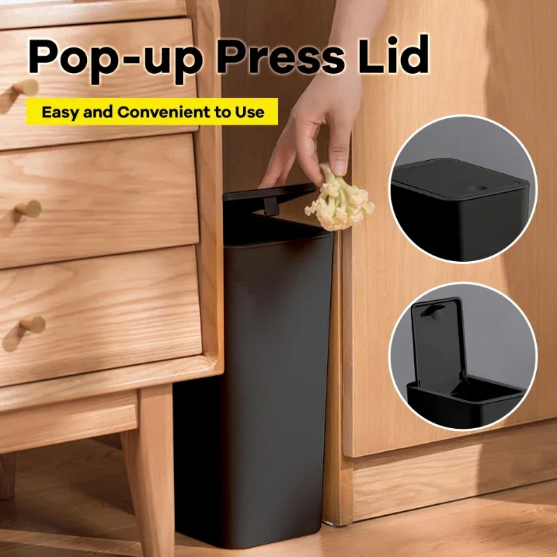 Bathroom Trash Can 10L Small with Press Top Lid for Toilet Bedroom Living Room Plastic Wastebasket