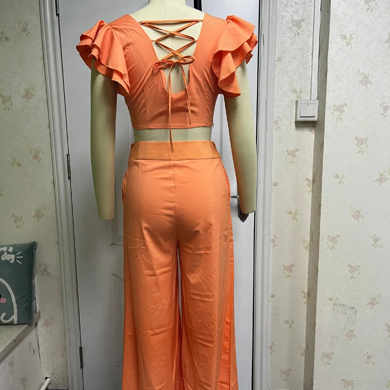 Ellafads Women's Two Piece Set Butterfly Sleeve Solid Color Two-Piece Set Sexy V-Neck Top Wide Leg Pant