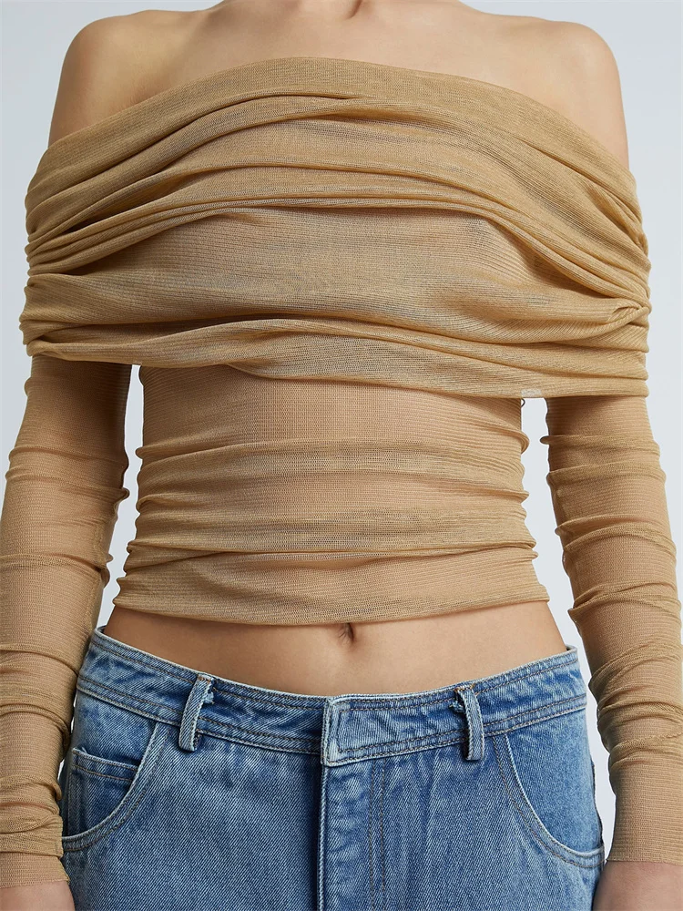 CHRONSTYLE Mesh See Through T-shirts Tops for Women Long Sleeve Off Shoulder Ruched Solid Color Casual Party Street Summer Tops