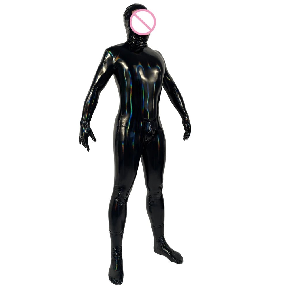 Cosplay costume Patent Leather Jumpsuit M-4XL Mens Cosplay Laser Colorful PU Leather Sexy Bodysuit Body Tights Male Servant Stage Straitjacket