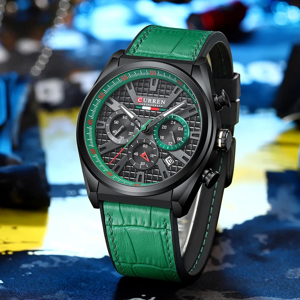 Multi Functional Sports Quartz Watch Men's Luminous Waterproof Chronograph Calendar Casual Sports Leather Wristwatch Strap 8392