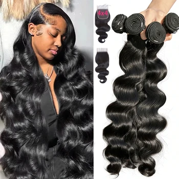 16A Brazilian Body Wave Bundles With 4x4 Lace Closure Human Hair 30 40 Inch Real Raw Unprocessed Human Hair Extensions Bundles 1