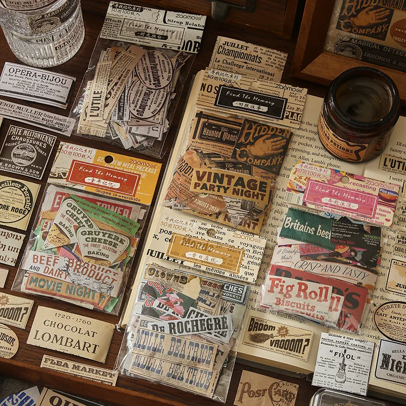 100pcs English Label Stickers Junk Journal Ephemera Ins Style Vintage Stickers Aesthetic DIY Album Scrapbooking Supplies Pack