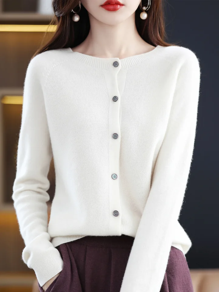 Luxury Merino Wool Womens O-neck Cardigan Sweater