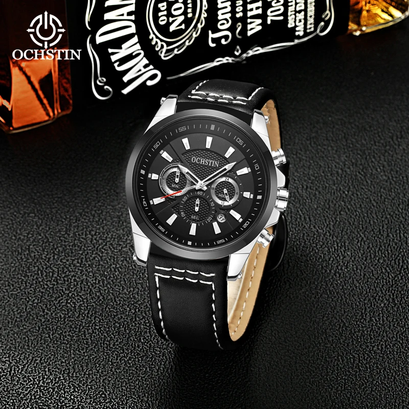 OCHSTIN Brand Men Watch Fashion Timing Multifunctional Date Luxury Quartz Waterproof Luminous Leather Strap