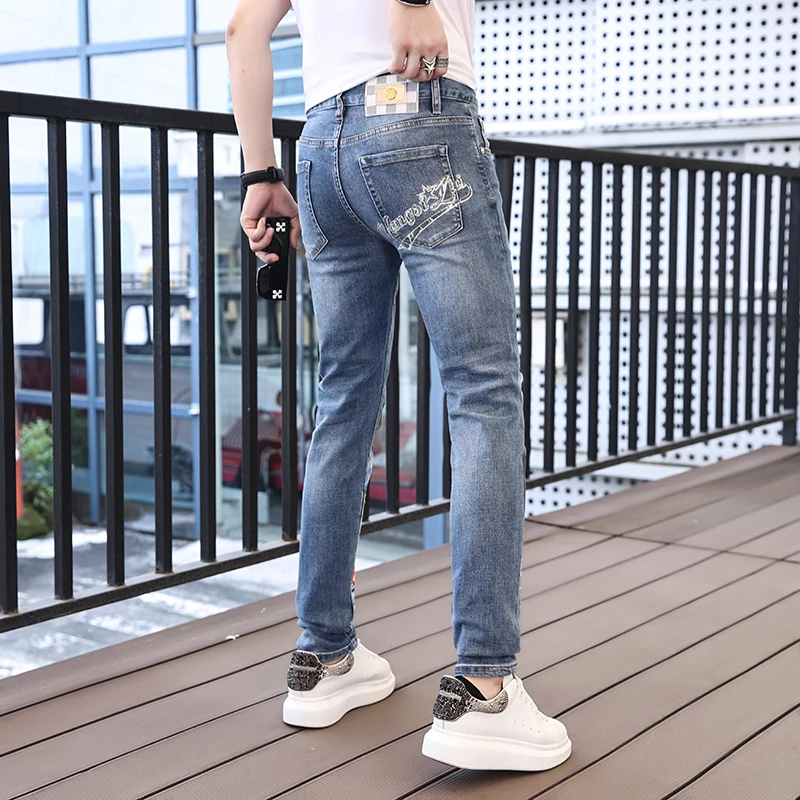 2024streetinternet star men's pants Personalized printed jeans High-end trend fashion Slim thin casual men's pants