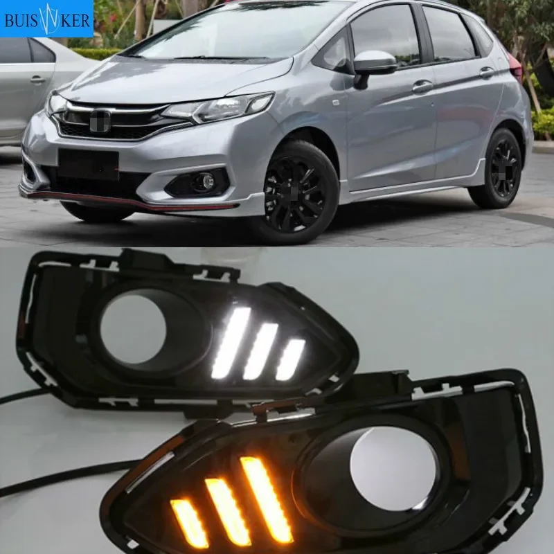 

Автомобильные светодиодсветодиодный дневные ходовые огни для Honda Jazz fit 2018 DRL, противотуманные фары, ходовые огни с желтыми указателями поворота