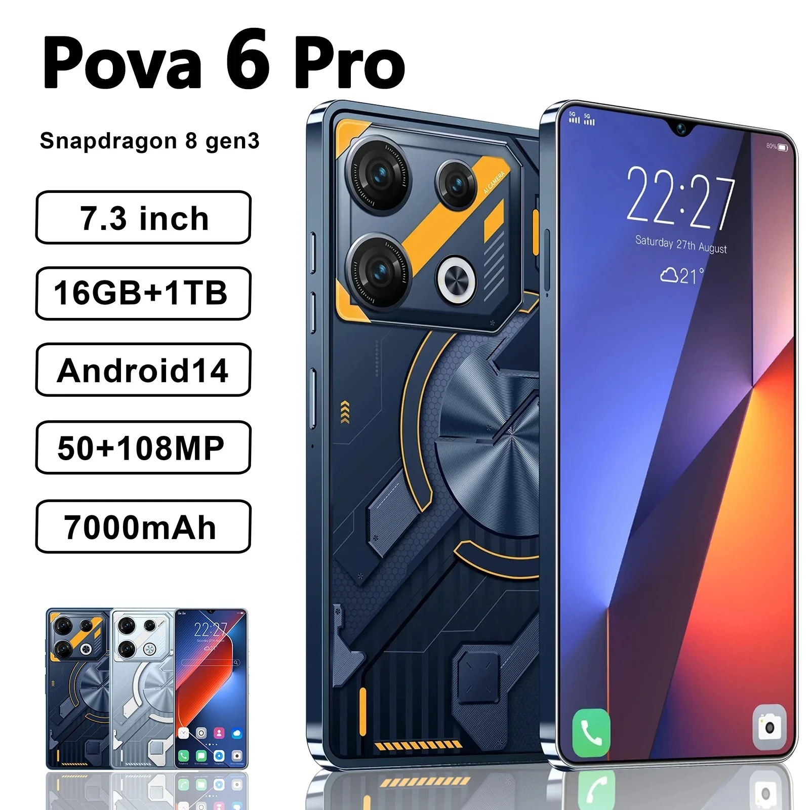

Смартфон Pova 6 Pro, оригинальный телефон с экраном 7,3 дюйма HD, 16 ГБ + 1 ТБ, две SIM-карты, мобильные телефоны 50 + 108 МП, 7000 мАч, Android 13, разблокированный телефон