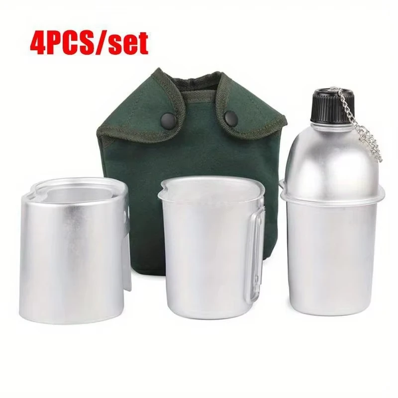 Aluminum Tactical Water Bottle Cookware Set Multi-Functional Military Outdoor Water Bottle with Handled Cup for Camping Hiking