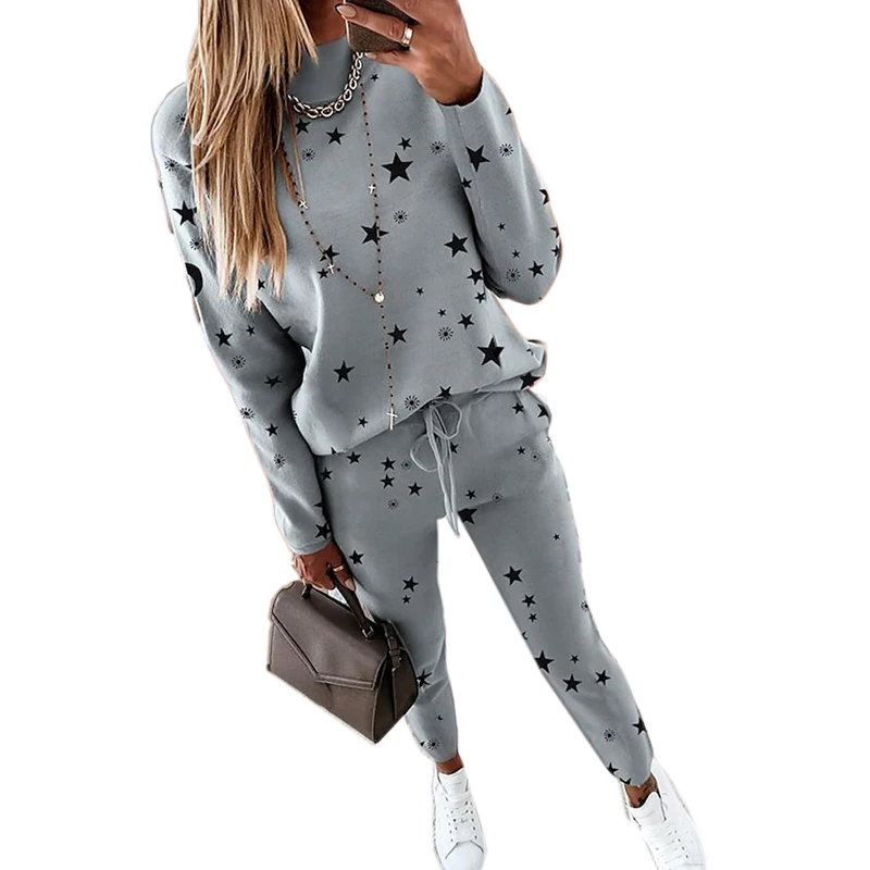 S-XXXL Women Tracksuits Sets 2 Pieces New Casual Stars Print Sweatshirts Drawstring Pants Ladies Sport Clothes Silver Gray Pink