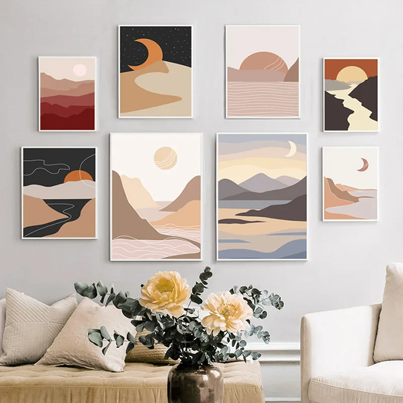 

Sun moon mountains geometry Abstract Nordic Posters and Prints Wall Art Canvas Painting Wall Pictures For Living Room home Decor