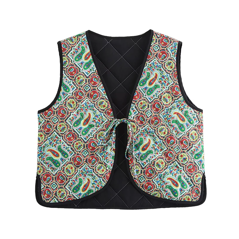 Chic Fashion Vintage Printed Vest Woman Front Tied Short Vests For Women Sleeveless Jacket Casual Waistcoat New Cropped Coat﻿