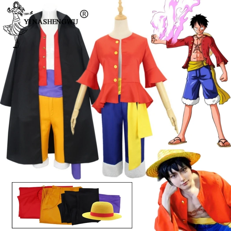Anime One Piece Monkey D. Rufy Costume Cosplay Trench Coat Shorts Rufy Hat Kimono Suits Halloween Party Cartoon Uniform Outfit