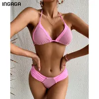 INGAGA Ribbed Bikini Sexy Halter Women’s Swimsuit 2022 New Patchwork Swimwear Pink Biquini Beachwear Bikinis Set Bathing Suit