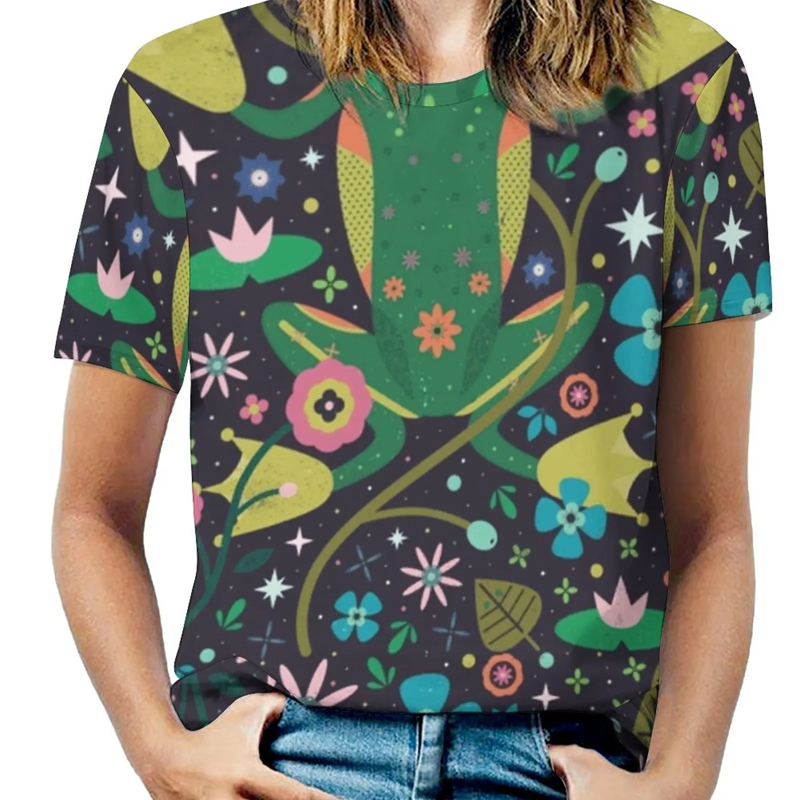

Botanical Frog Woman'S T-Shirt Spring And Summer Printed T Shirts Crew Neck Pullover Top Frog Animal Green Wildlife Nature