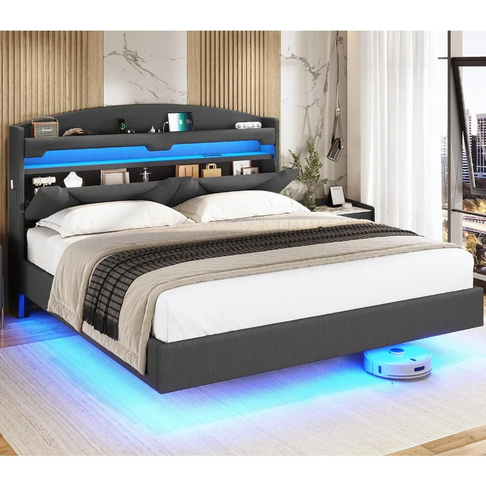 Bed Frame King Size with USB-C/A Charging Station LED Storage Headboard