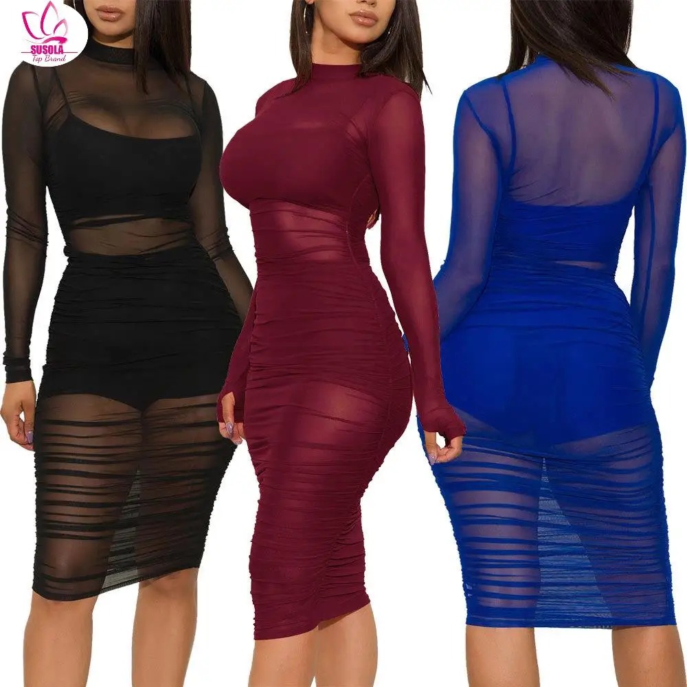 

Women Solid Mesh See Through Design Ruched Lining Dress Stretch Sexy & Club Black Night Out Bodycon Dress+ Vest +Short 3pcs Set