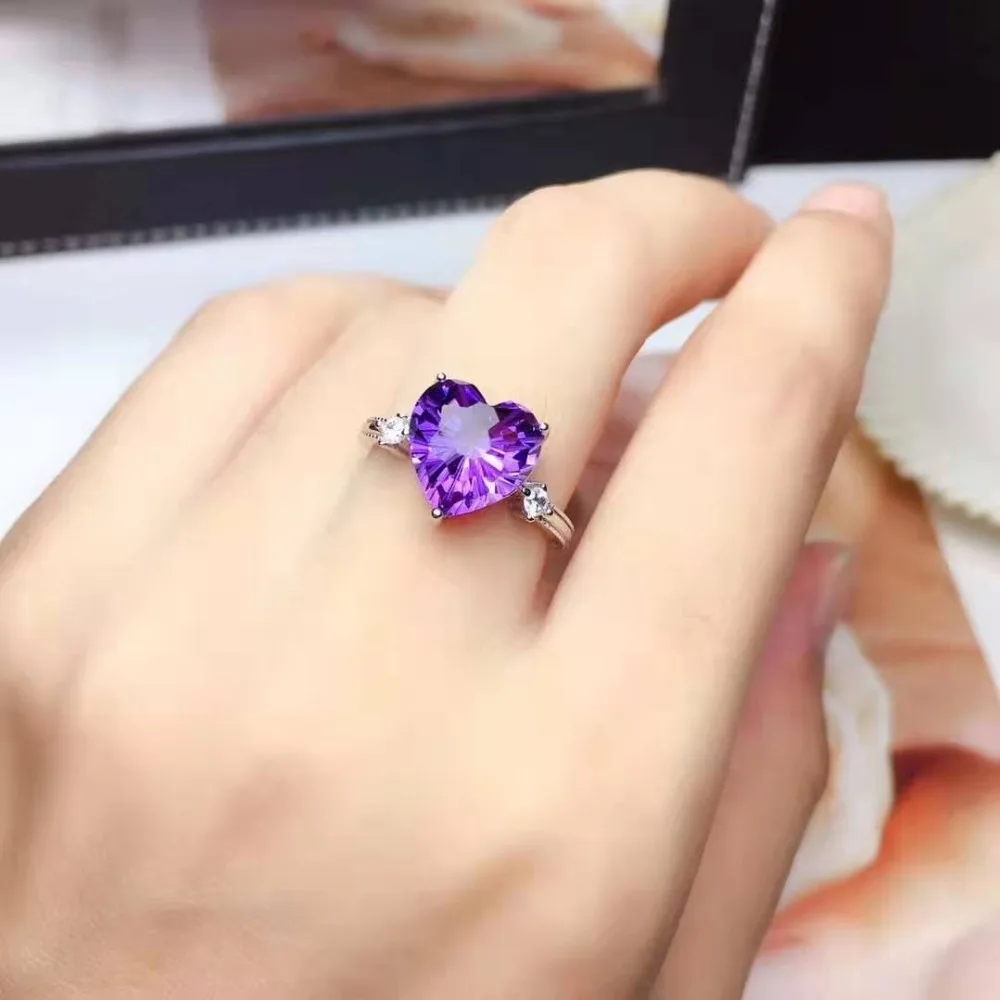 FS 10mm Natural Amethyst Heart-shaped Ring S925 Sterling Silver Charm  Weddings Jewelry for Women Free Shipping MeiBaPJ