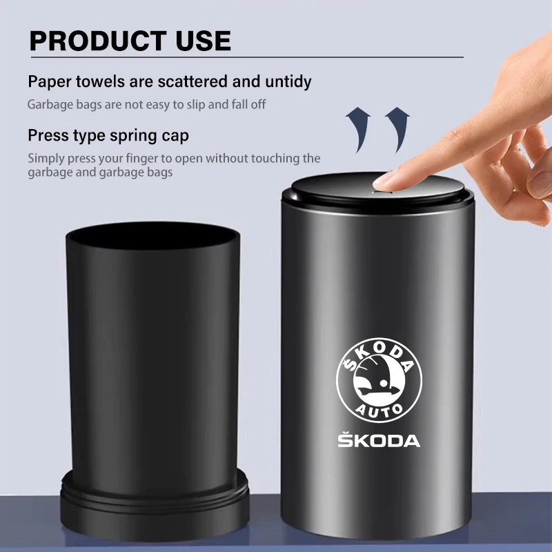 Car Trash Can Dust Storage Box Alloy Organizer Garbage Bin for Skoda Octavia 2 3 Rapid Kodiaq Karoq Fabia Kamiq Superb