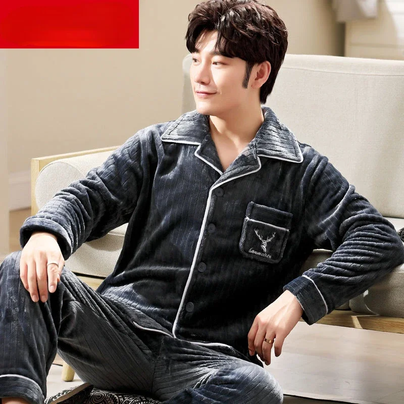 New Men Autumn Winter Sleepwear Warm Thickened Pajamas Set Flannel Soft Casual Nightwear Long Pants Homewear Mens Pajamas