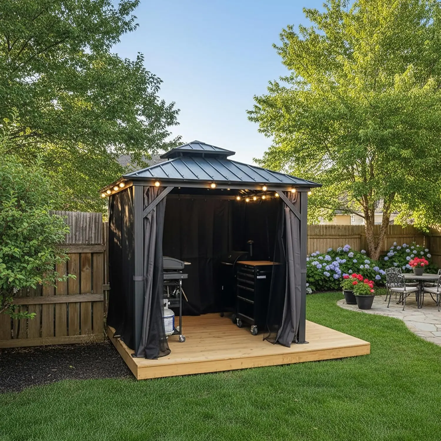 8'x8' Hardtop Gazebo All-Weather Galvanized Steel Double Roof Outdoor Patio Garden Gazebo Including Netting and Curtains Grey 8'x8' Hardtop Gazebo All-Weather Galvanized Steel Double Roof Outdoor Patio Garden Gazebo Including Netting and Curtains Grey