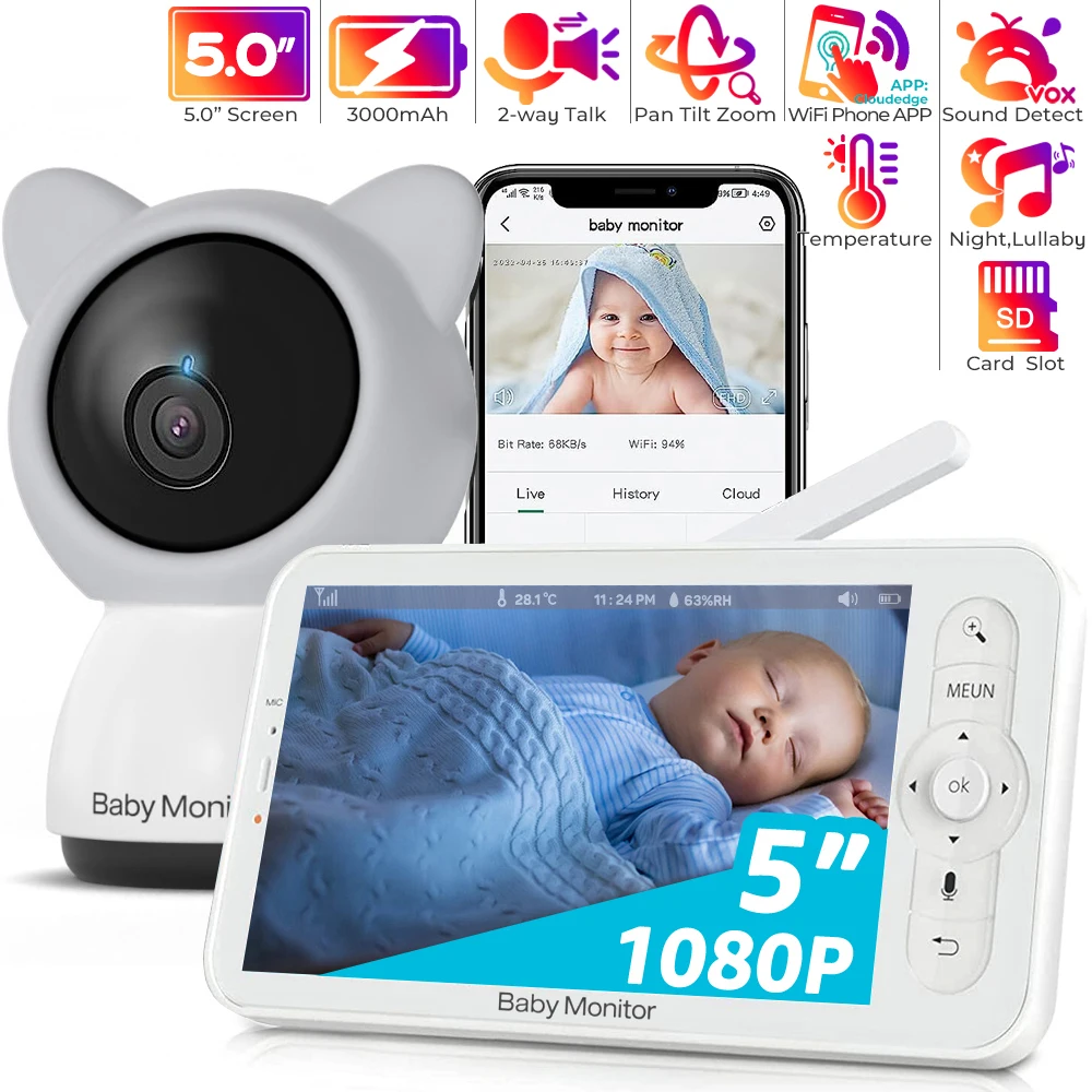 

HD WiFi Baby Monitor with APP,5-inch 720P Display,Pan Tilt Zoom 1080P Baby Camera,Night Vision,2-Way Talk,3000mAh Battery,1000ft