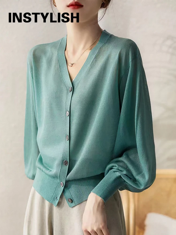 Women Elegant V Neck Single Breasted Thin Sun-proof Cardigan Elegant Korean Knit Simple Solid Sheer Tops Summer Casual Outwear 3