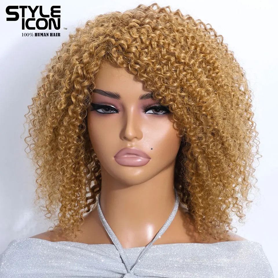 

Short Curly Bob Human Hair Wigs Highlight Jerry Curl Wig With Bangs Blonde Colored Brazilian Remy Wear to Go Wig For Women