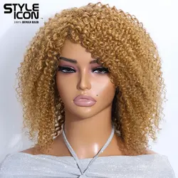 Short Curly Bob Human Hair Wigs Highlight Jerry Curl Wig With Bangs Blonde Colored Brazilian Remy Wear to Go Wig For Women