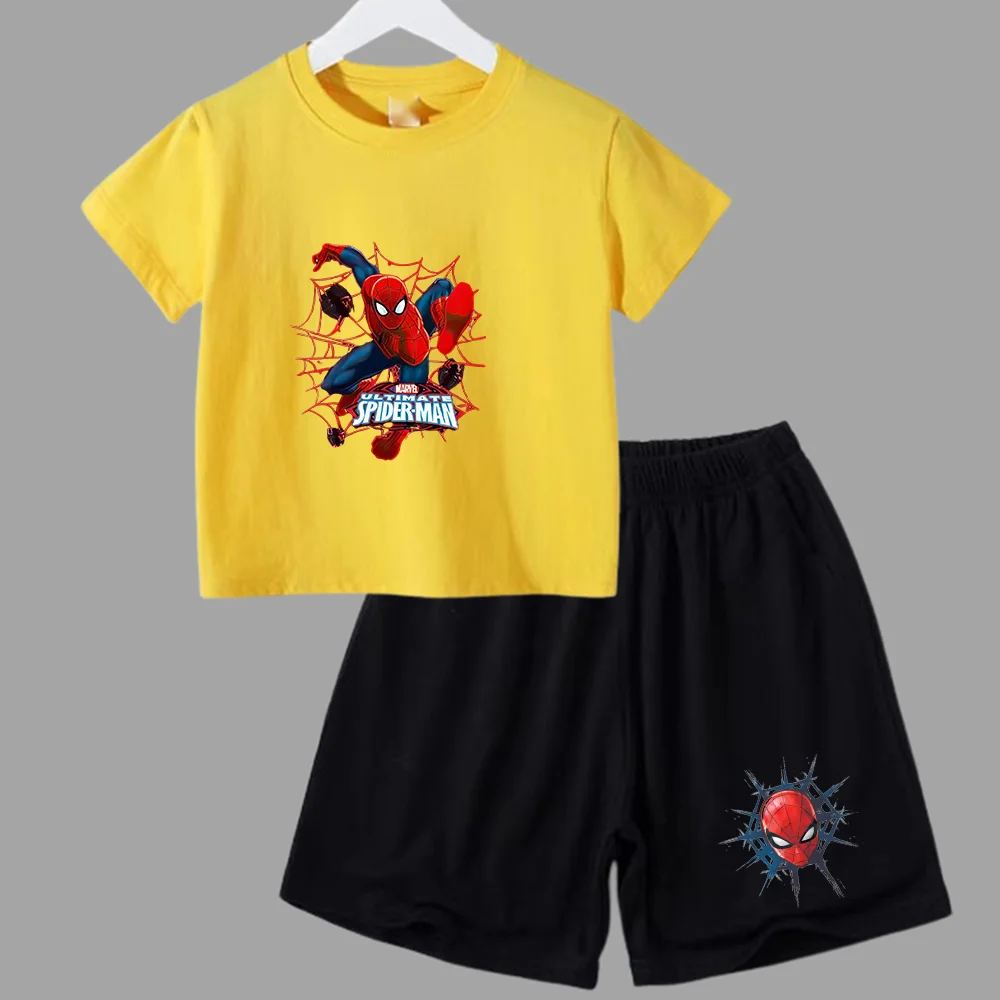 Conjunto de verano de Marvel Spider-Man para bebé adolescente, camiseta para niño, pantalones cortos, conjunto de 2 piezas, ropa deportiva de manga corta para niño y niña, marca de dibujos animados pa