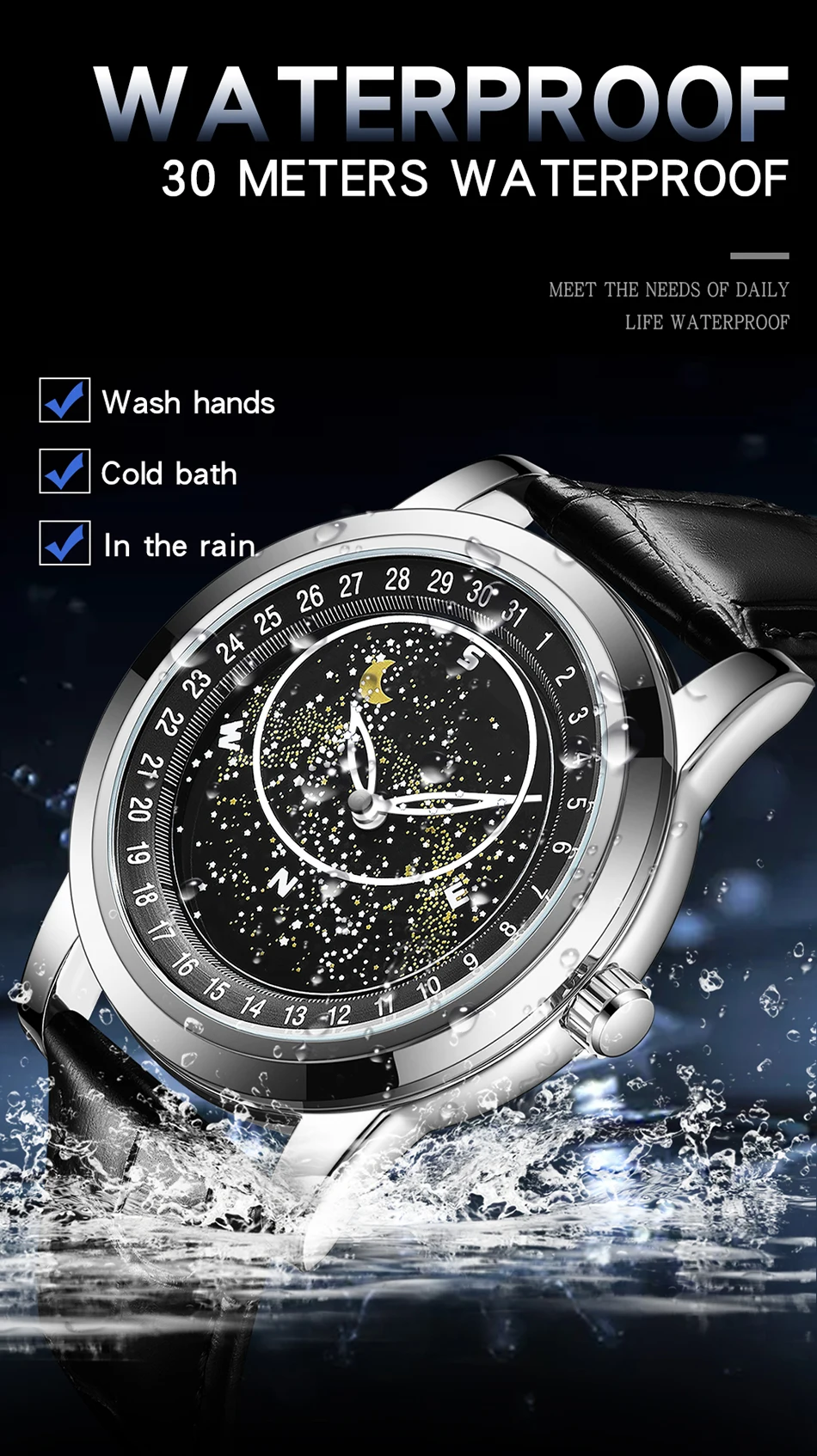 Sanda Men's Watches Quartz Men Watch Luxury Starry Sky Dial Fashion Luminous Waterproof Watches Genuine Leather Strap For Men 7002