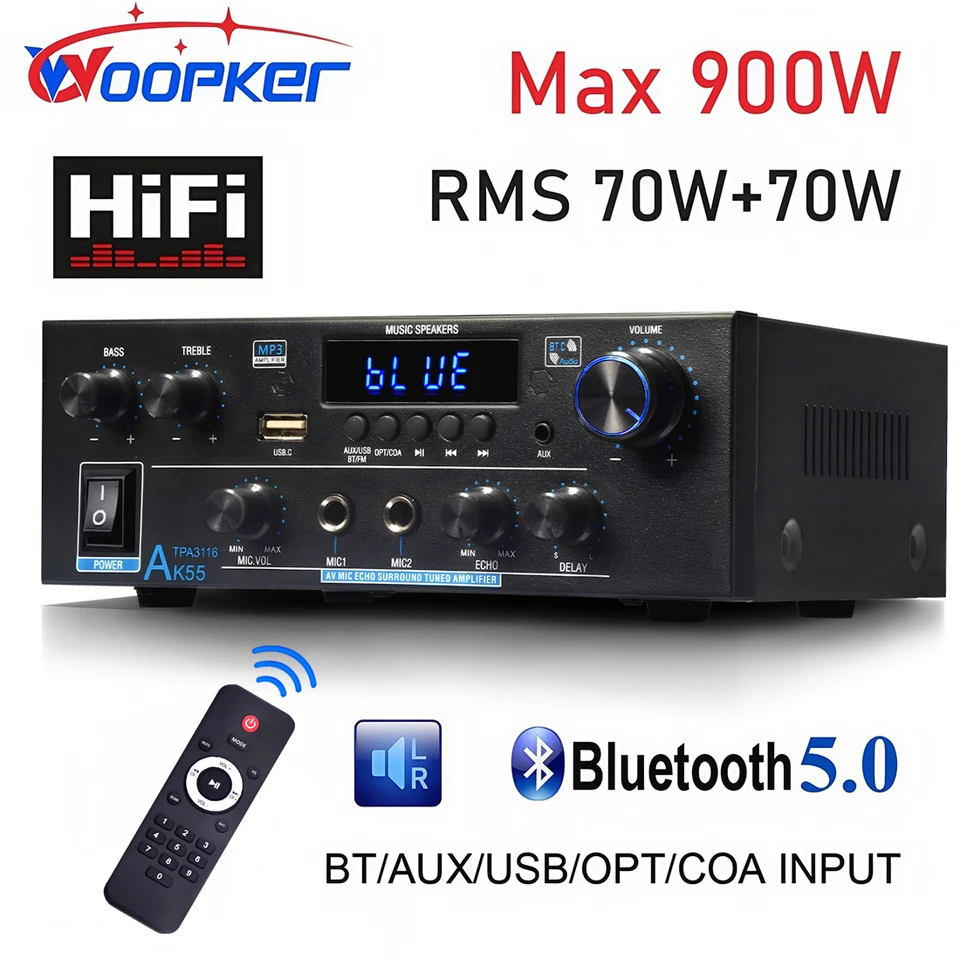 WOOPKER HiFi-versterker AK55 met Bluetooth 5.0 900W mini-versterker thuisbioscoop stereo-audioversterker ontvanger 2 kanalen 70WX2 hoge tonen en bassen met USB/RCA/MIC/FM WOOPKER HiFi-versterker AK55 met Bluetooth 5.0 900W mini-versterker thuisbioscoop stereo-audioversterker ontvanger 2 kanalen 70WX2 hoge tonen en bassen met USB/RCA/MIC/FM