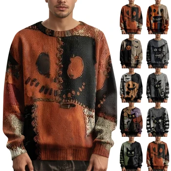 Oversized Sweater Halloween Ghost And Jack-O-Lantern Pattern Men'S Long Sleeve Pullover Sweater Halloween Print Knit Casual