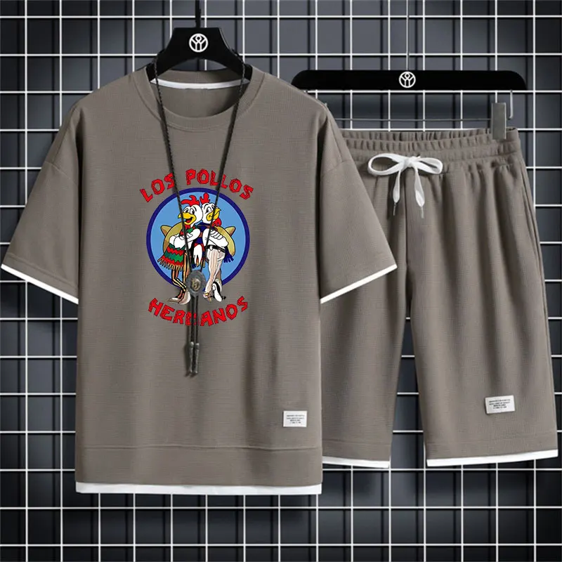

Summer Men's 2 Piece Set Waffle Fabric Casual T-Shirt And Shorts Sports Suit LOS POLLOS Hermanos Funny Short Sleeves Tracksuit