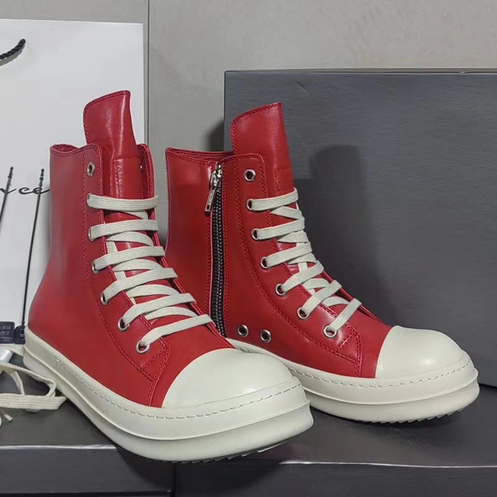 Leather Ro Trainers Men Women Zip Casual Shoes Flat Ankle Boots High Top Lace Up Thick Sole Dark Red Designer Luxury Sneakers 2
