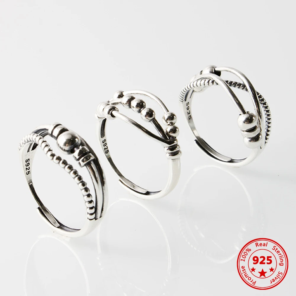 

New 100% 925 Sterling Silver Ring Simple Vintage Three-Layer Crossover Smart Turn Bead Open Finger Ring Women's Luxury Jewelry