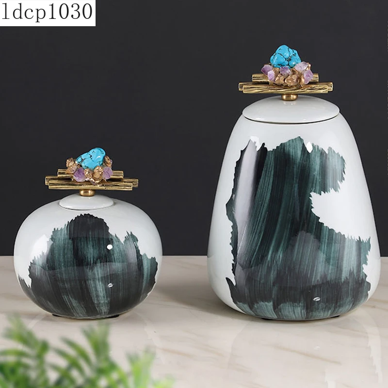 

Chinese Style Turquoise Storage Tank Copper Cover Decoration Ceramic Storage Tank Decoration Desktop Decoration Accessories
