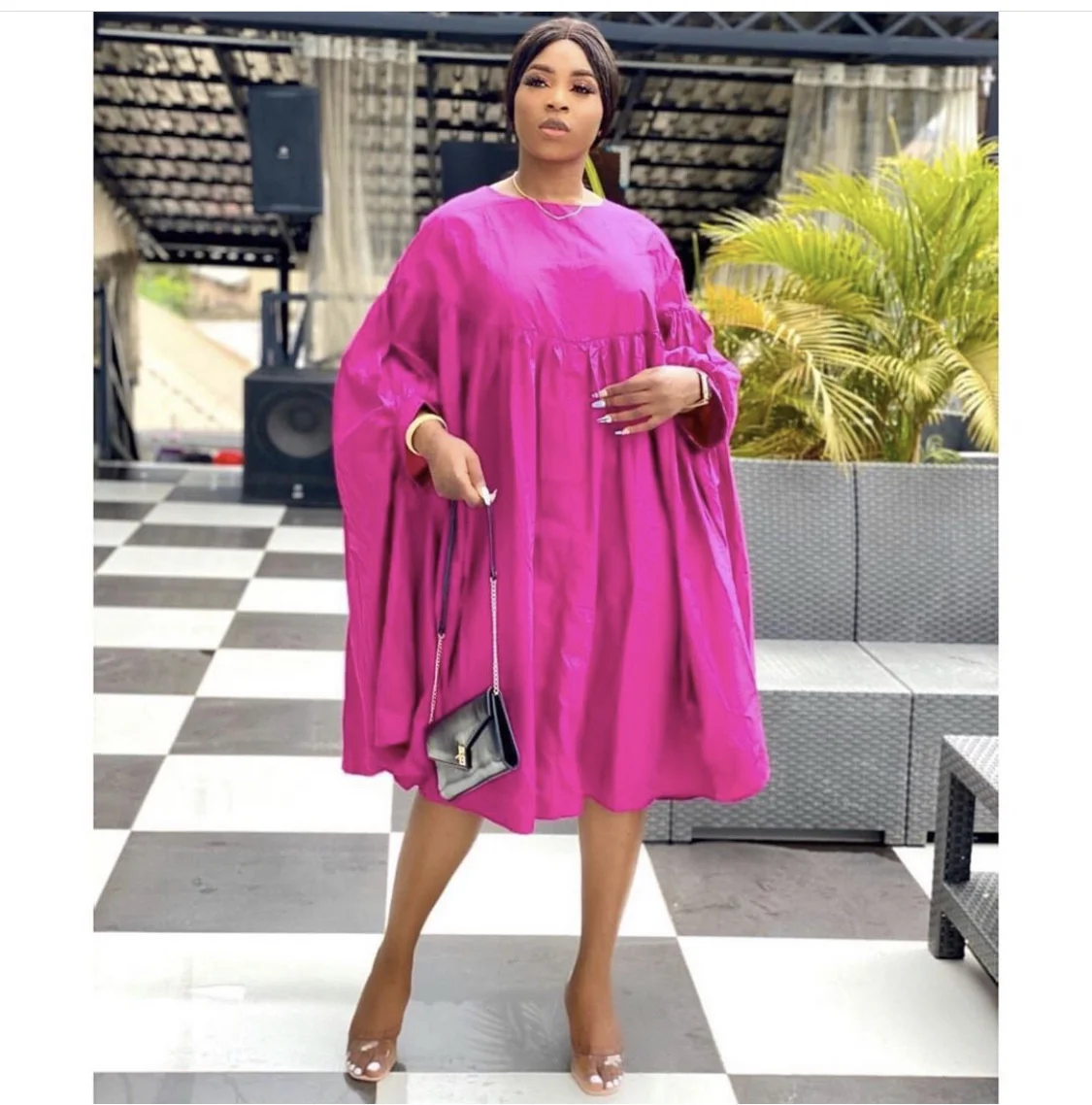 

Fashionable new pleated panel round neck bat long sleeve loose temperament pullover solid casual dress