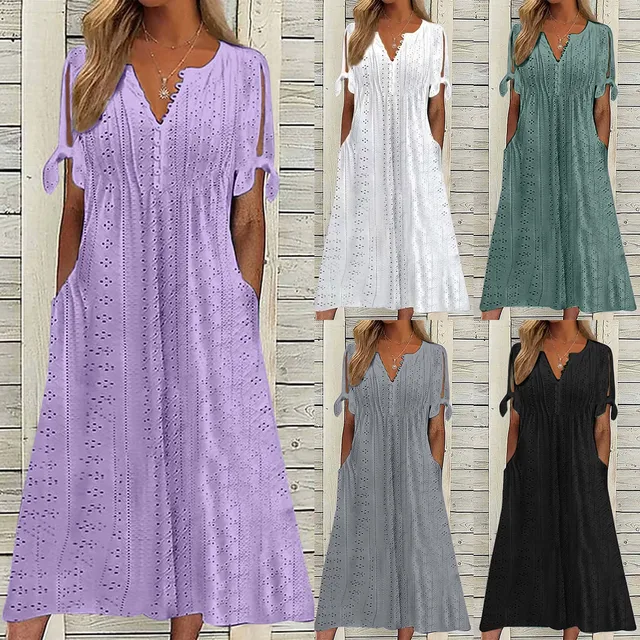 Women's Boho Style Long Dresses Casual Pleated Solid Lace Hollow Button Casual Dress Lace Up Bow Short Sleeve Sundress платье 3