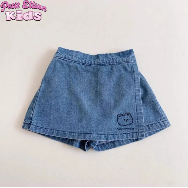 Adorable Cotton Cute and Comfortable Denim Skirt - style Trend Shorts with Bear Embroidery for 2 - 8 Y Kids Girls Clothes 1