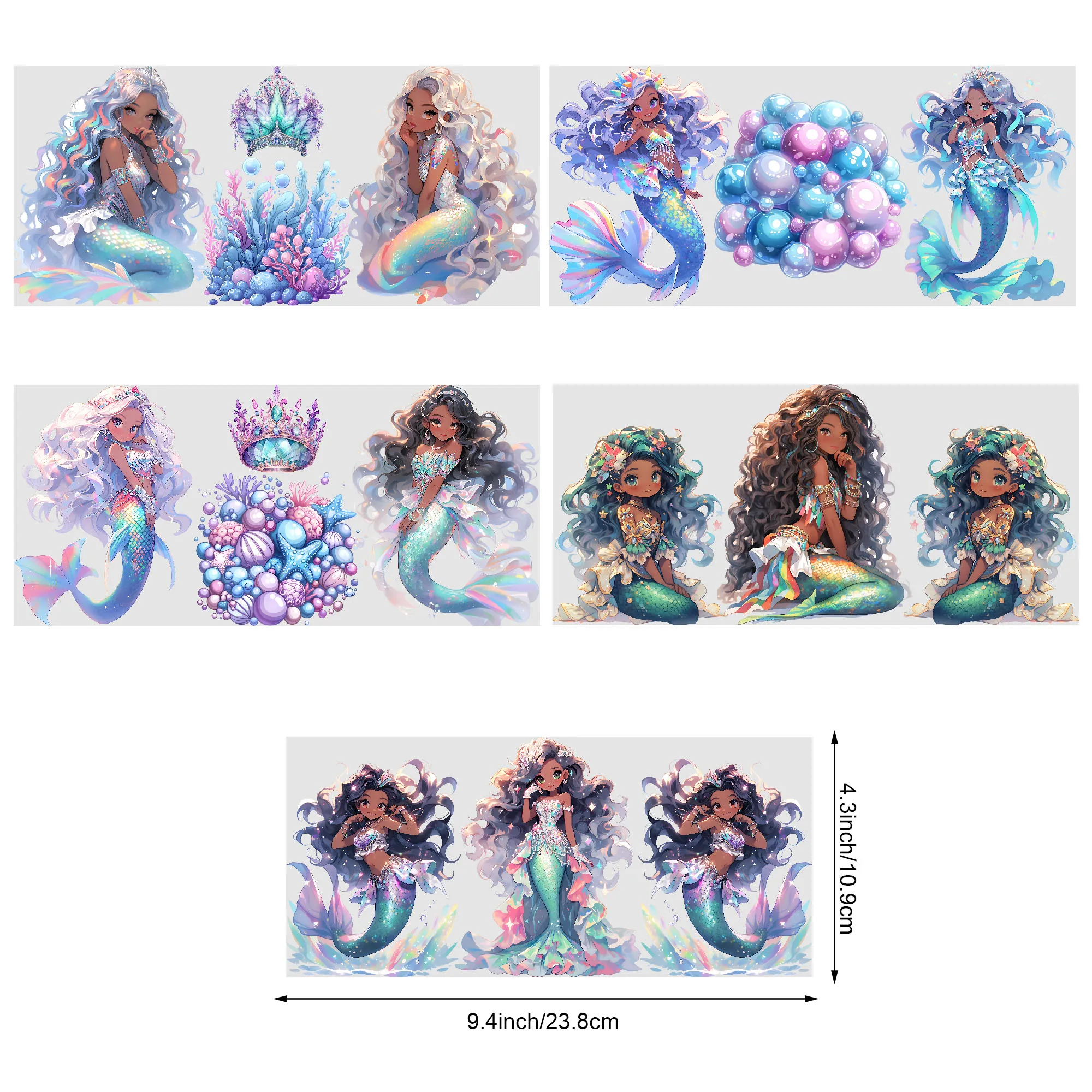 5 Sheets Mermaid UV DTF Cup Sleeve 16oz, Cup Sleeve Transfer Glass, Water Bottle Waterproof Sticker, Friction Transfer Sticker