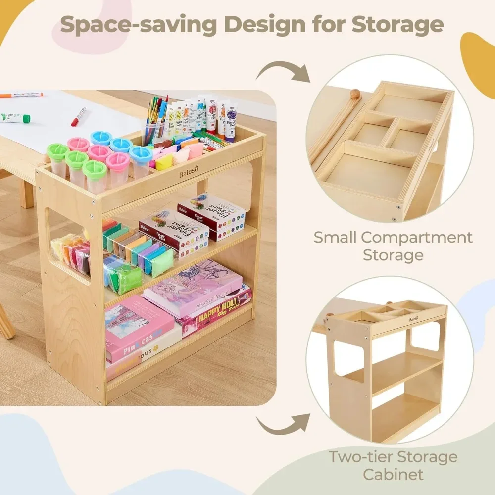 Kids Art Table & 2 Chairs Set with Roll Paper - Spacious Craft Table with Storage Shelves for Drawing, Activities, and Study 4