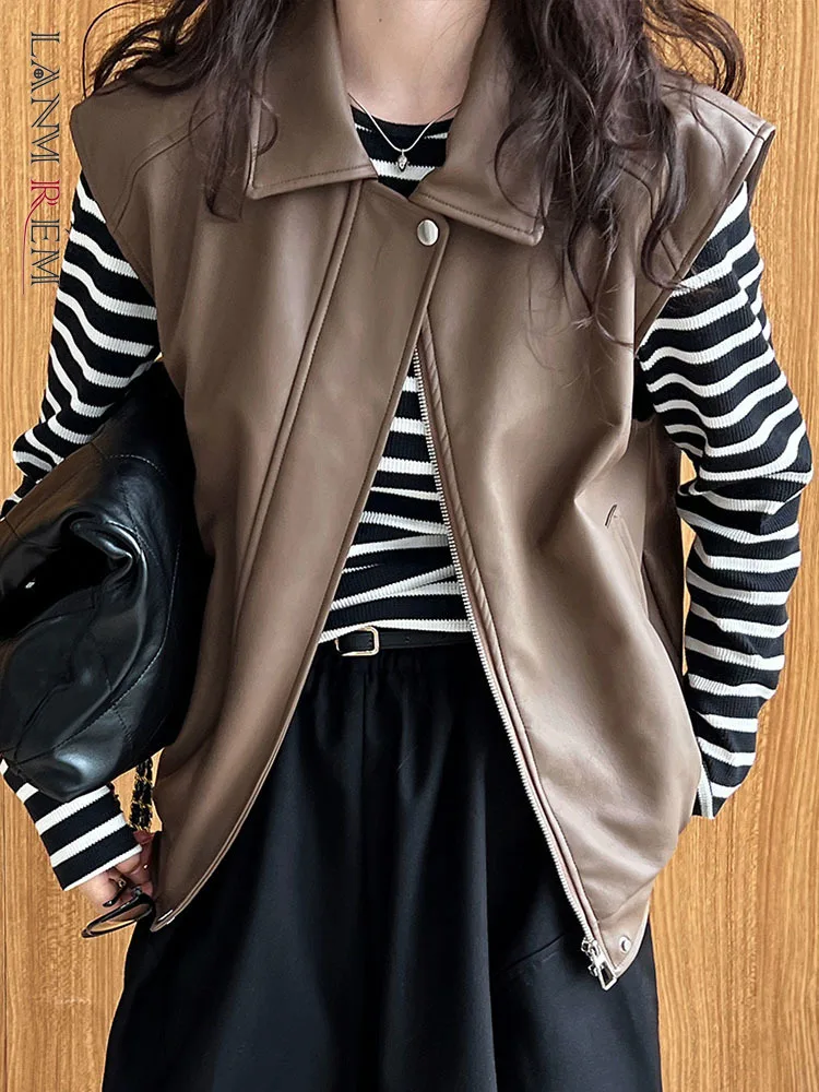 

[LANMREM] Vintage Leather Vest Women Lapel Zipper Cardigan Sleeveless Simplicity Female Tops 2023 Autumn New Clothing 26D6112
