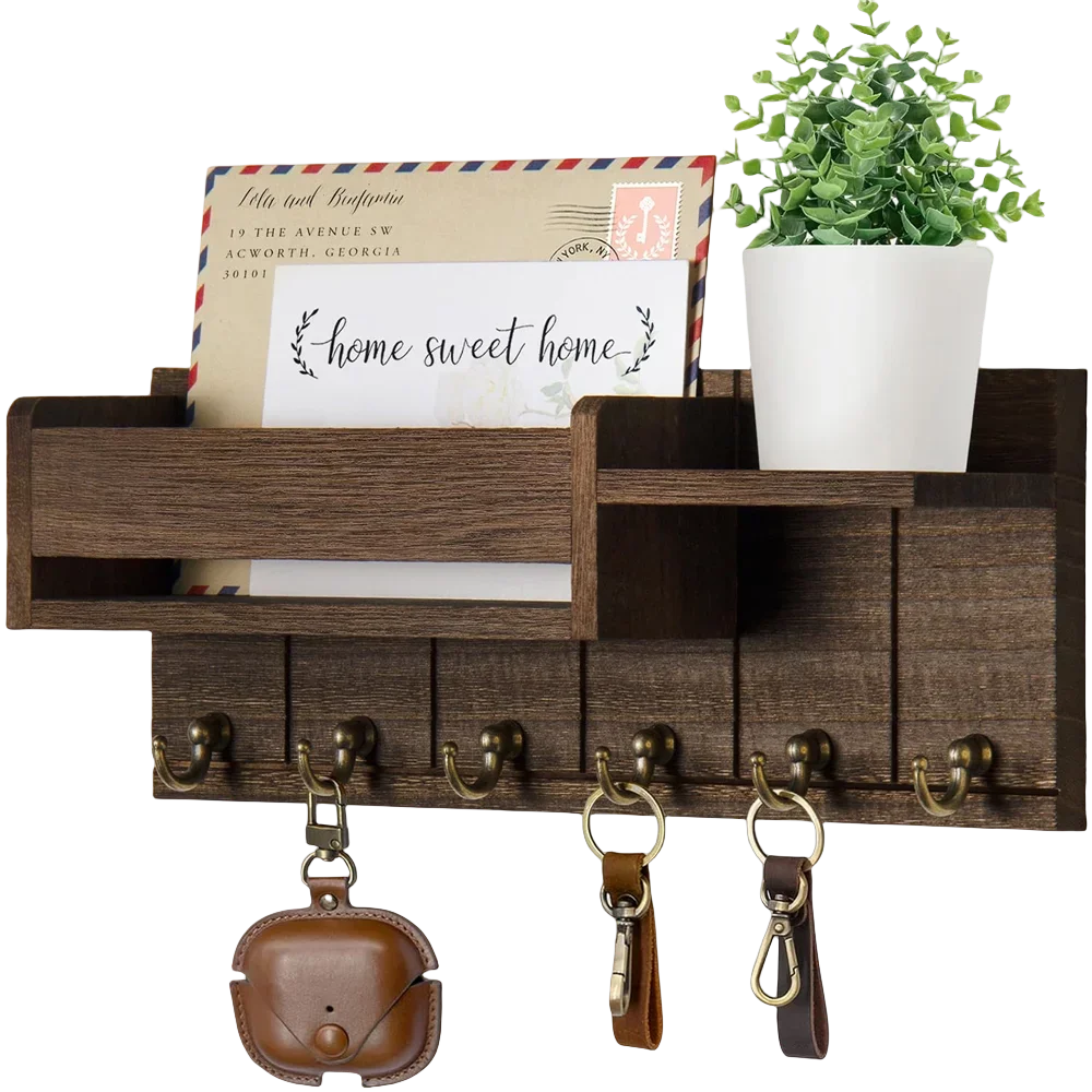 Wood Key Rack and Mail Organizer with 6 Key Hooks Living Room Storage Rack Living Room Holder Decorative with Shelf 4