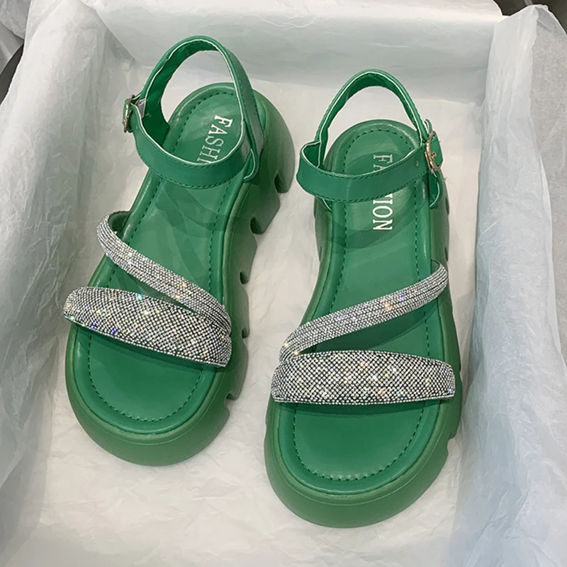 Rimocy Bling Crystal Chunky Sandals Women Summer Ankle Strap Thick Bottom Platform Sandals Woman 2022 New Non-slip Sandalias