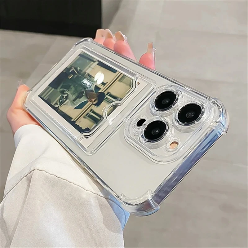 Transparent Card Bag Holder Phone Case For iPhone16 11 12 13 14 15 ProMax X Xs Max XR Plus Mini Wallet Silicone Shockproof Cover
