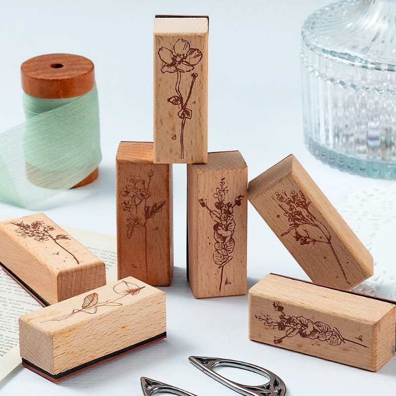 카와이 산꽃 원목 씰 DIY 핸드 다이어리 장식 프린트 크로스보더 너도밤나무 계정 씰 러블리 학용품