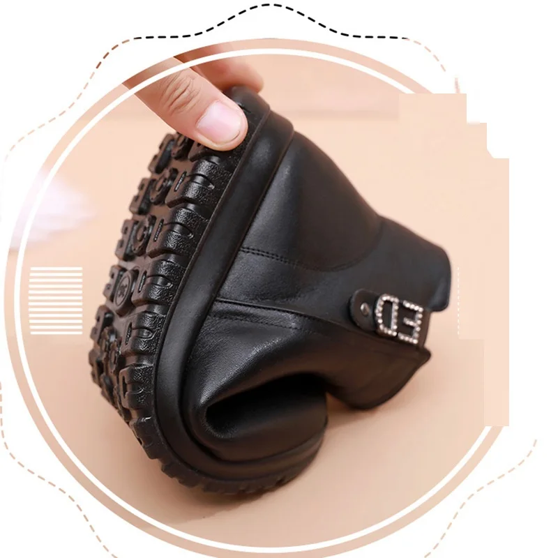 Winter Women Genuine Leather Plush Keep Warm Shoes Female Waterproof Casual Flat Snow Boots Grandma Short Boots Big Size 35-41