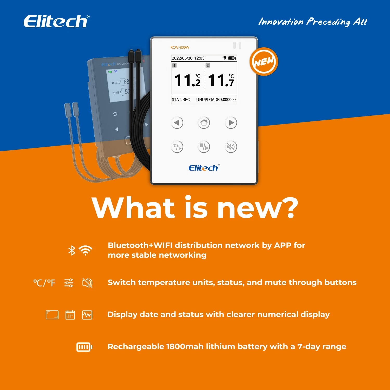Elitech RCW-800W-TDE 무선 디지털 온도 데이터 로거, 클라우드 데이터 스토리지, 와이파이 듀얼 외부 온도 프로브