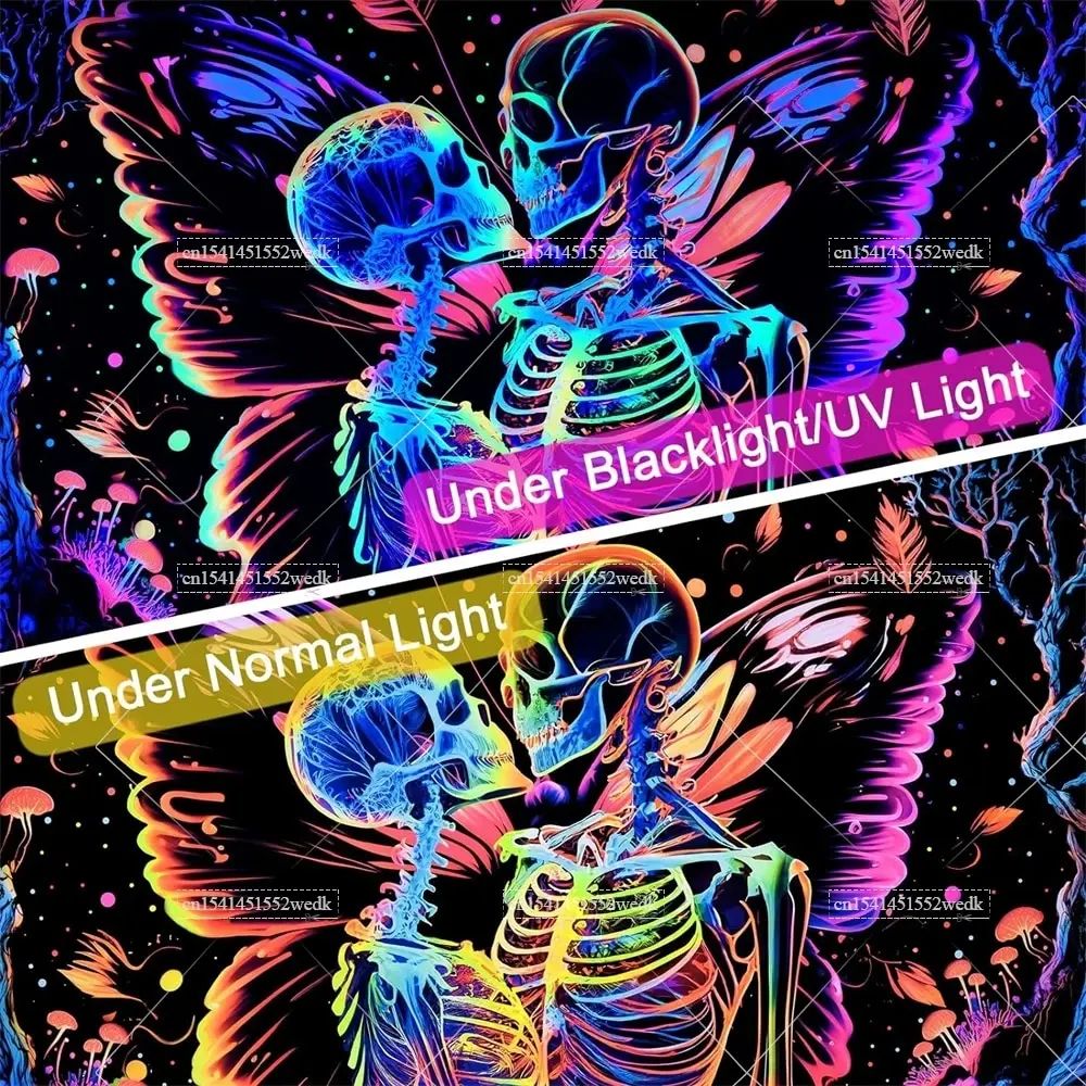 Tapestry Decorations Blacklight Skull Butterfly Tapestry UV Reactive Mushroom Tapestries Kissing Lovers Skeleton Tapestry Neon Glow In The Dark